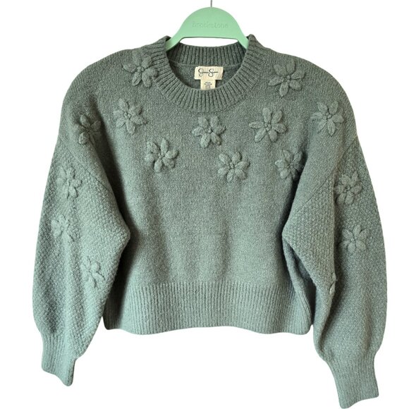 NEW Jessica Simpson Cottagecore Floral Balloon Sleeve Crop Sweater Sage Green XS - Picture 1 of 11